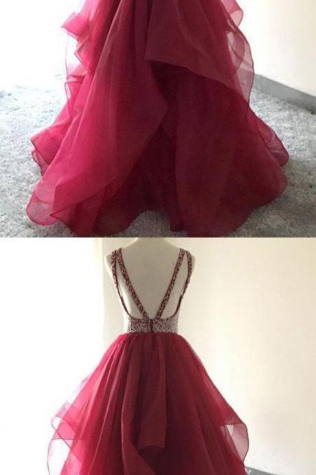 Beading Jewel Burgundy Tulle Prom Dress, Ruffled Long Formal Dresses M1039