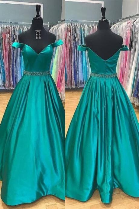 Off The Shoulder Green Long Prom Dress With Pocket M1040