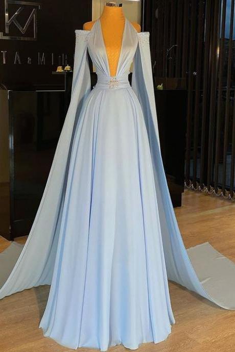 Blue Prom Dresses Long Chiffon Beaded Dubai Fashion Elegant A Line Prom Gown M1047