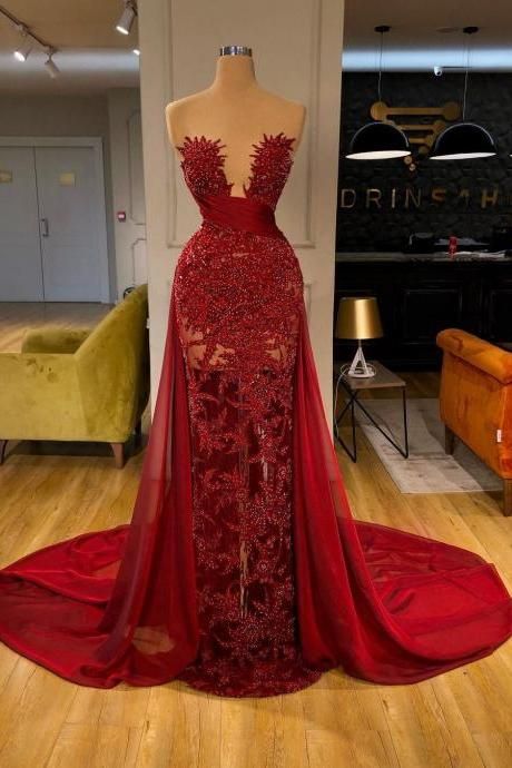 Sexy Illusion Red Lace Long Prom Dresses Chiffon Sweep Train See Through Sheer Formal Party Dress M1048
