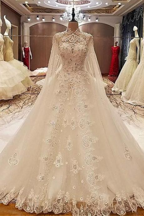 Fabulous Tulle Illusion High Collar A-line Wedding Dresses With Beadings & Lace Appliques & 3d Flowers M1049