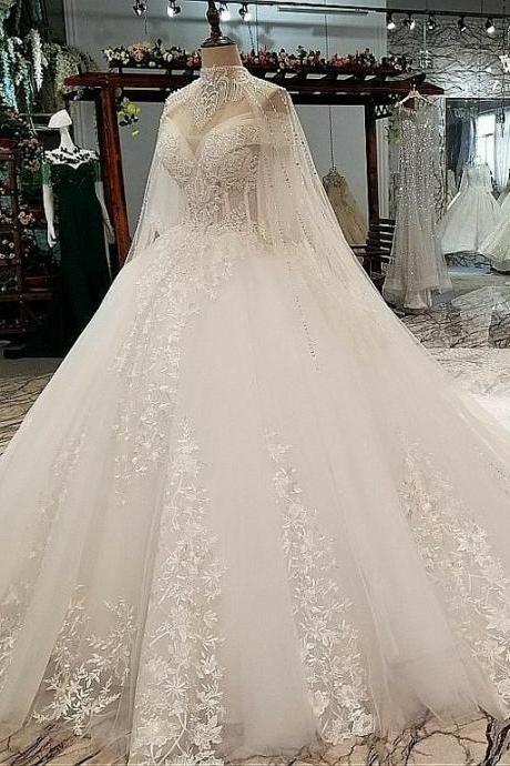 Fabulous Tulle Illusion High Collar A-line Wedding Dresses With Beadings & Lace Appliques & 3d Flowers M1050