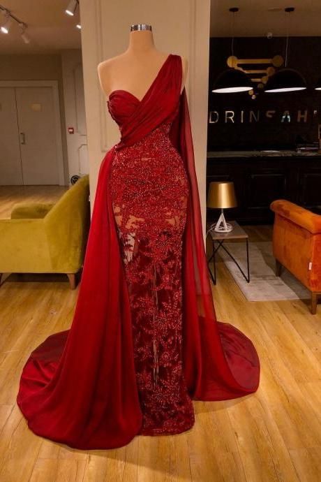 Sexy One Shoulder Long Red Illusion Prom Dress For Women Lace Appliques See Through Sweep Train Formal Party Dresses M1051