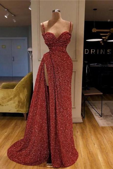 Sheath Spaghetti Straps Long Red Prom Dresses With Split M1052