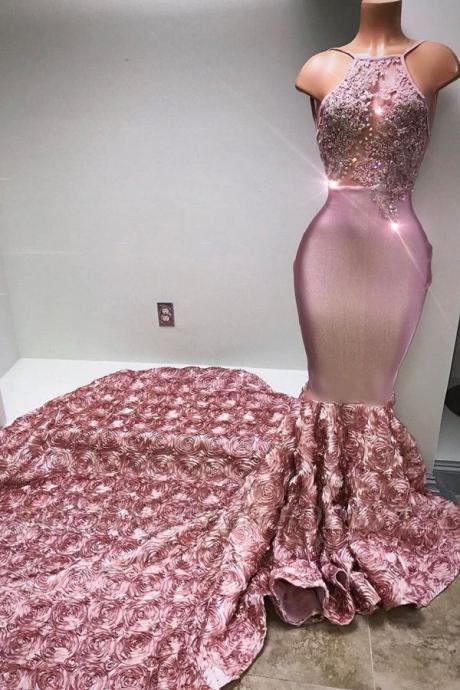 Gorgeous Pink Flowers Mermaid Halter Sleeveless Evening Gown M1056