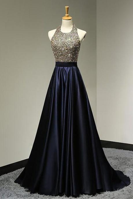 A-line Halter Beaded Bodice Black Satin Prom Dresses,long Pageant Gowns For 2021 Formal Party M1058
