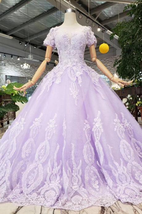 Lilac Ball Gown Short Sleeves Prom Dresses With Sheer Neck, Gorgeous Quinceanera Dress M1060