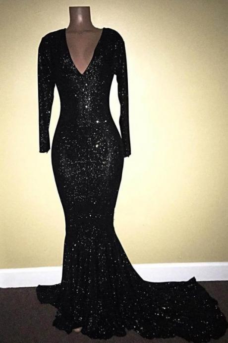 Mermaid V-neck Long Sleeves Black Sequins Prom Dresses M1063