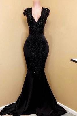 Sleeveless Slit Sequins Mermaid V-neck Sexy Black Prom Dress M1065