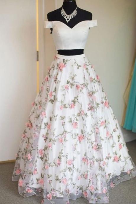 White Floral Tulle Long Two Pieces Prom Dress, White Strapless Evening Dress M1067