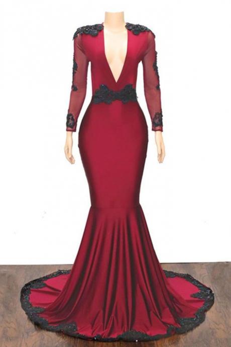 Burgundy V Neck Long Mermaid Evening Dress, Prom Dress With Sleeve M1072