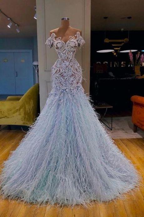 Light Blue Luxury Prom Dresses Feather Lace Applique Real Photo Vintage Prom Gown M1075