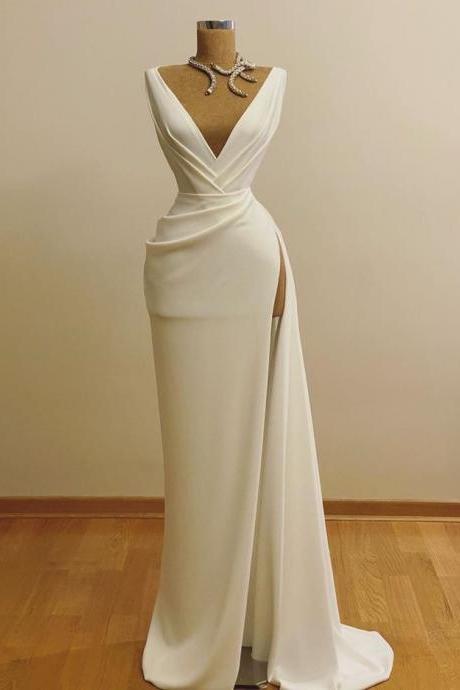 V Neck Slit Side Long Prom Dresses Evening Gown M1076