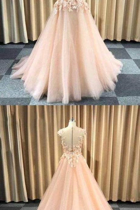 Pretty Pink Tulle Cap Sleeves Long Floral Lace Appliqué Evening Dress, Senior Prom Dress M1077