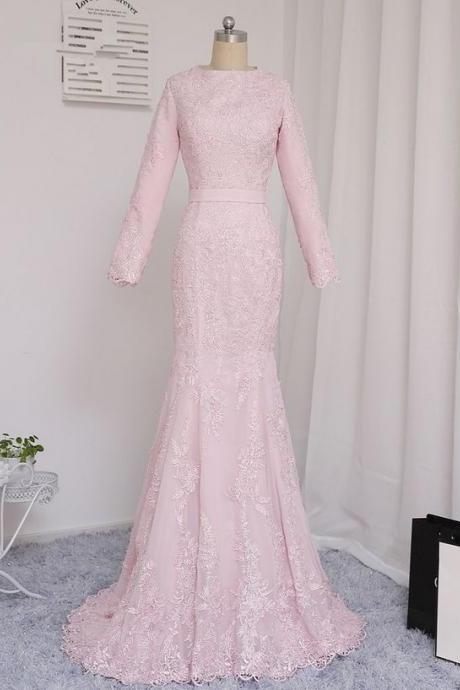 Evening Dresses Mermaid Long Sleeves Appliques Long Evening Gown Prom Dress M1078