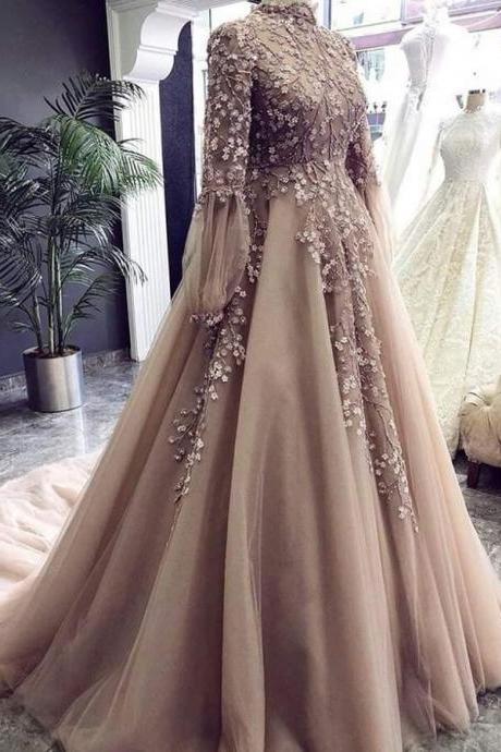 Evening Dresses Long Sleeves Appliques Long Evening Gown Prom Dress M1079