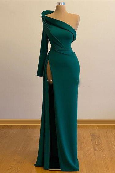 One Shoulder Long Sleeves Evening Gowns With Slit Formal Occasion Pageant Dress M1081