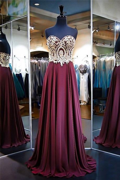 A Line Strapless Long Burgundy Chiffon Gold Lace Prom Dress M1083