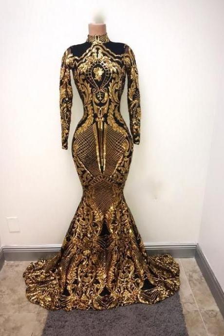 Black And Gold Evening Dress, High Neck Evening Dress, Luxury Evening Dress, Sparkly Evening Dress, Evening Gown M1084