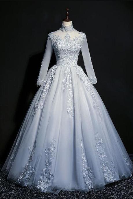 Grey Tulle Long Sleeves Sweetheart Party Dress, Long Evening Gown M1096