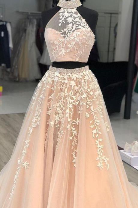 Two Piece Halter Prom Dress With Beading M1099