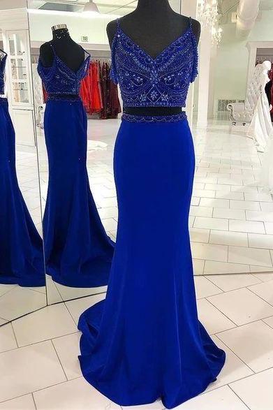 Two Piece Mermaid Beading Royal Blue Prom Dress M1109