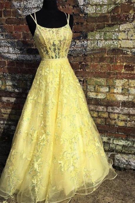 Yellow Tulle Lace Long Prom Dress Evening Dress M1118