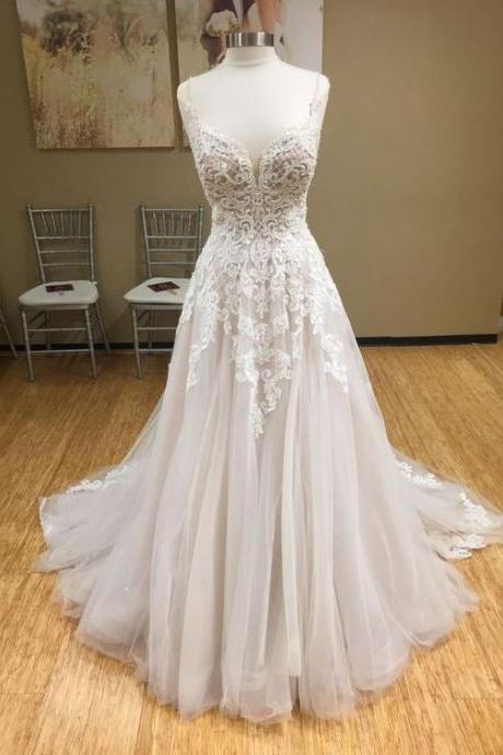 Spaghetti Strap Plunging V Lace Appliques A-line Wedding Dress Featuring Open Back And Train M1120