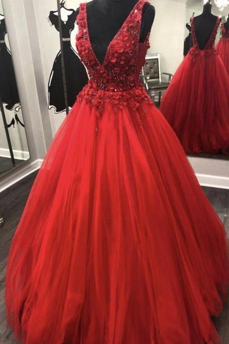 Red V Neck Tulle Lace Prom Dress Formal Dress M1125