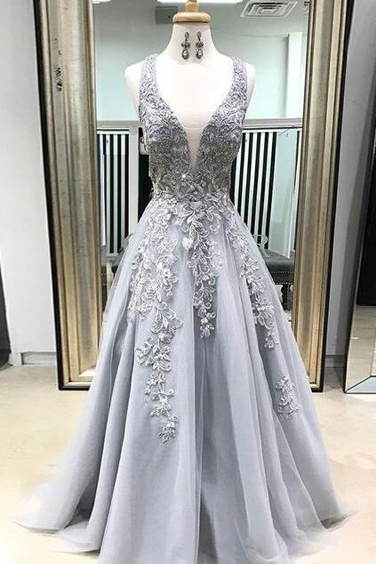 Deep V Neck Lace Prom Dress,long Prom Dresses With Appliques M1126