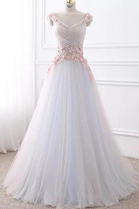 A-line V-neck Floor-length Sleeveless Tulle Prom Dress/evening Dress M1127