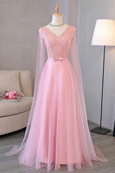 Pink V-neck Long Tulle Beaded Halter Prom Dress M1128