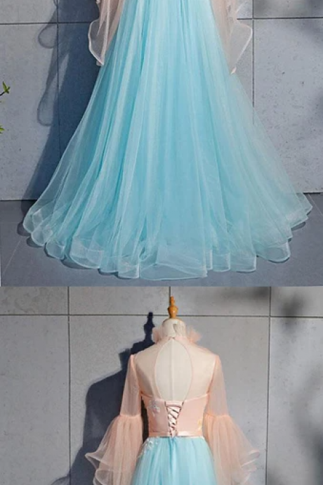 Lue Tulle Lace Long Sweet 16 Prom Dress, Long Evening Dress With Sleeve M1138