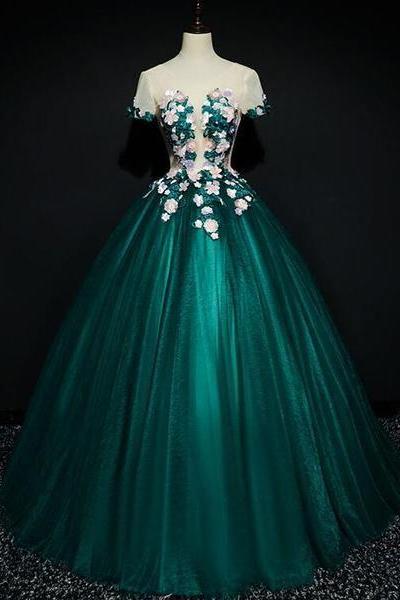 Dark Green Tulle Round Neckline Ball Gown Formal Dress, Quinceanera Dress M1139