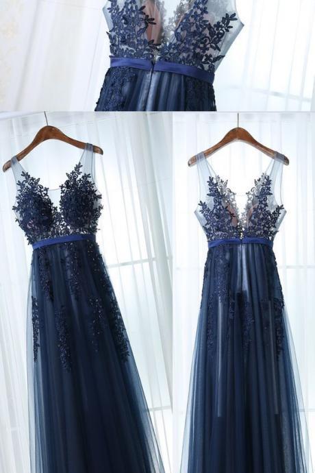 A-line V-neck Sleeveless Navy Blue Tulle Long Prom Dress M1140