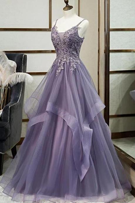 Purple Tulle Layers Long Formal Gown, Lace Applique Top Party Dress M1142