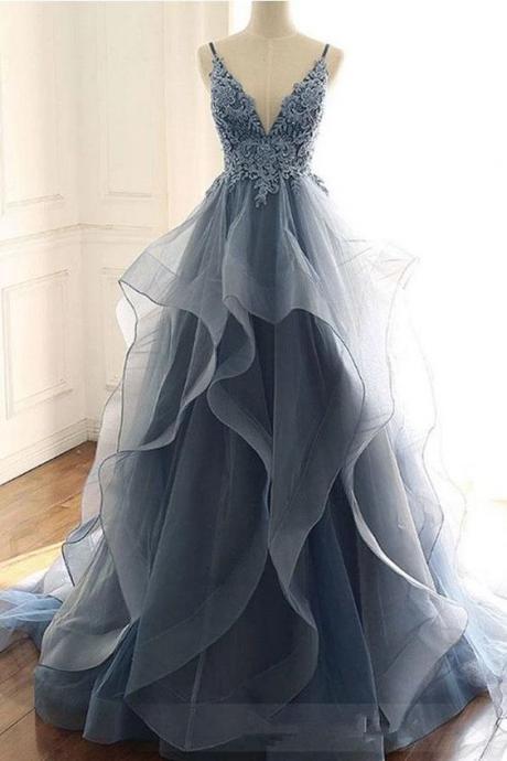 Dark Gray Tulle Prom Dress With Lace Appliques, Spaghetti Straps Sweep Train Party Dress M1143