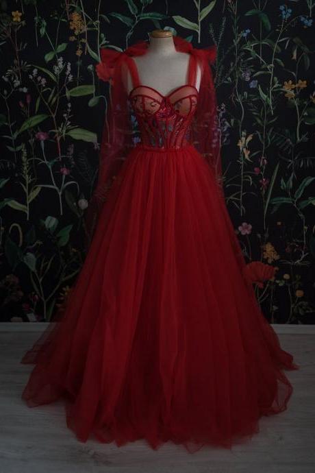 Red Cute Prom Dress, Long Evening Gowns, Floor Length Evening Dress M1148