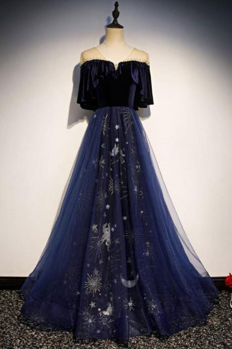Blue Floral Print Tulle Long Satin V Neck Beaded Prom Dress, Formal Dress M1150