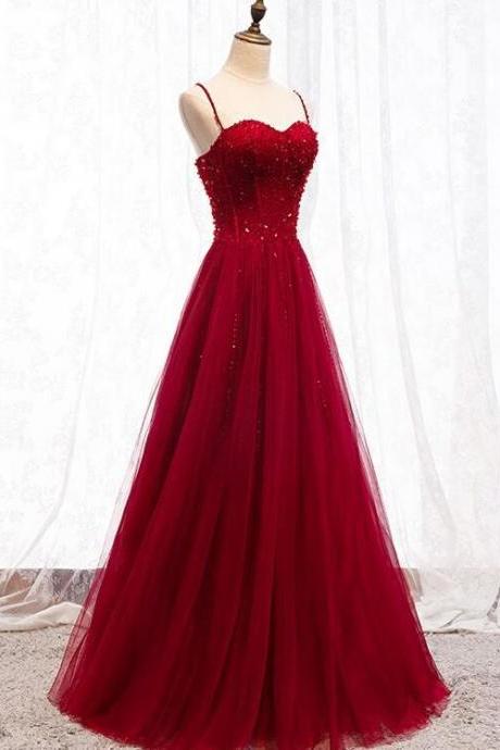 Straps Dark Red Beaded Sweetheart Long Formal Dress, Junior Prom Dress M1152