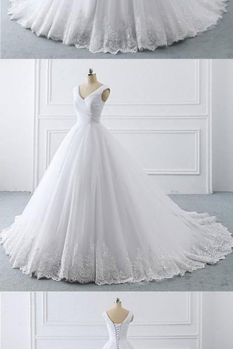 White V Neck Tulle Lace Long Prom Dress, Wedding Dress M1155