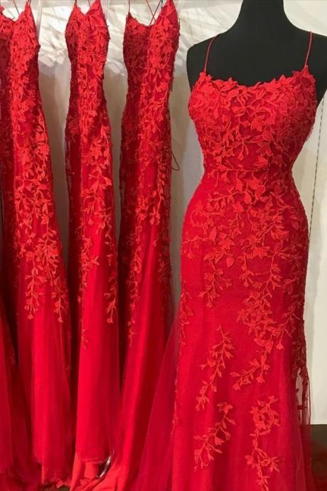 Red Lace Gown With Strappy Lace Up Back M1156