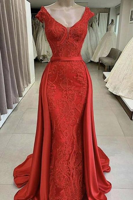 Red Lace Long Prom Dress Mermaid Evening Dress M1157