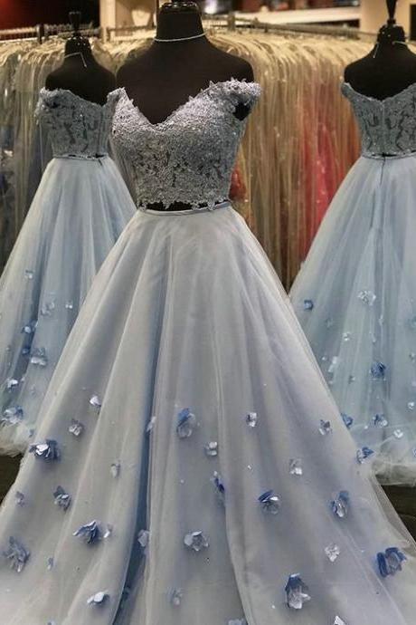 Lace And Tulle Two Piece Prom Dresses,light Sky Blue Gown M1159