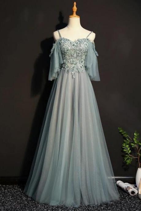 Tulle A-line Off Shoulder Party Dress, Long Prom Dress M1161