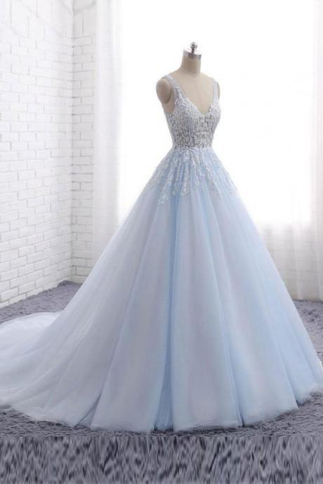 Real Picture Light Blue Off The Shoulder V Neck Backless Prom Dresses Evening Formal Dress M1163
