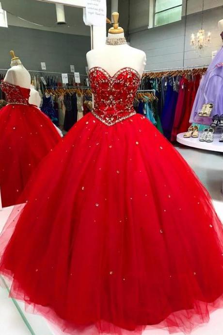 Red Organza Rhinestone Long Ball Gown, Long Crystal Long Evening Dress M1164