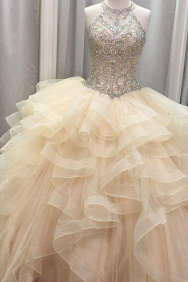 Ball Gown Champagne Tulle Ruffle Quinceanera Prom Dress M1166