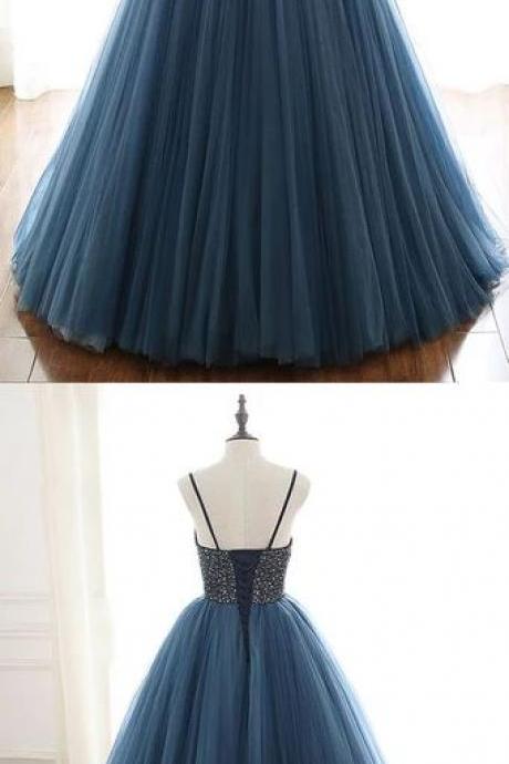 Blue Tulle Sequin Long Prom Dress, Blue Tulle Long Evening Dress M1173