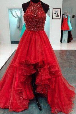 Beaded Halter Organza Ruffles High Low Prom Dresses,red Heavy Handmade Wedding Bridal Gown M1176